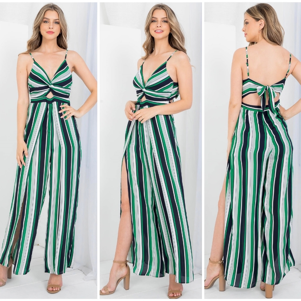 ILLA ILLA Sexy Green Striped Bow Tie Back Slit Straight Leg Jumpsuit - Picture 3 of 11